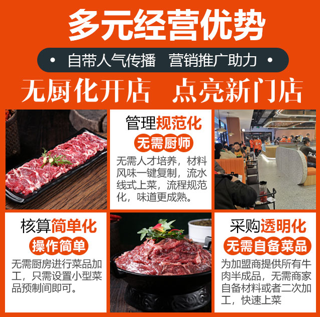 牛上皇牛肉專門店加盟，多元經營優(yōu)勢，自帶人氣傳播，營銷推廣助力，管理規(guī)范化無需廚師，核算簡單化操作簡單，采購透明化無需自備菜品